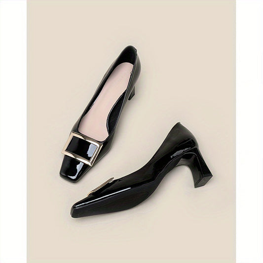Women's Square Buckle Pumps Square Toe Chunky Heels