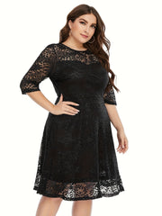  Lace Semi Sheer 3/4 Sleeve Midi Dress Women's Plus Stretch Midi Dress