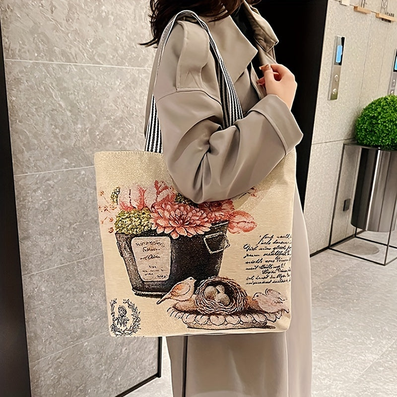 Cartoon Print Retro Tote Bag Large Shoulder Bag Women's Casual Handbag