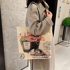 Cartoon Print Retro Tote Bag Large Shoulder Bag Women's Casual Handbag