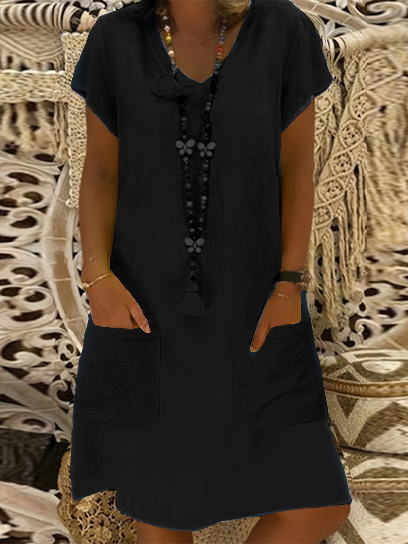  Casual Dress Women's Plus V Neck Short Sleeve Dress With Pockets