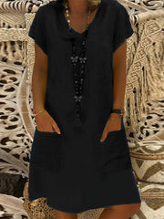  Casual Dress Women's Plus V Neck Short Sleeve Dress With Pockets