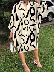  Allover Print Lantern Sleeve Loose Fit Dress