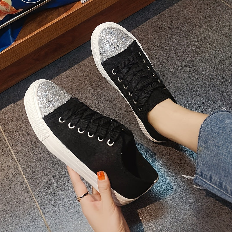 Silver Sequin Decor Canvas Lace-Up Skate Shoes Women's Footwear