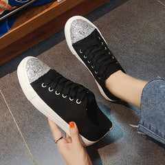Silver Sequin Decor Canvas Lace-Up Skate Shoes Women's Footwear