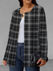 Plaid Print Open Front Jacket Crew Neck Long Sleeve Outerwear
