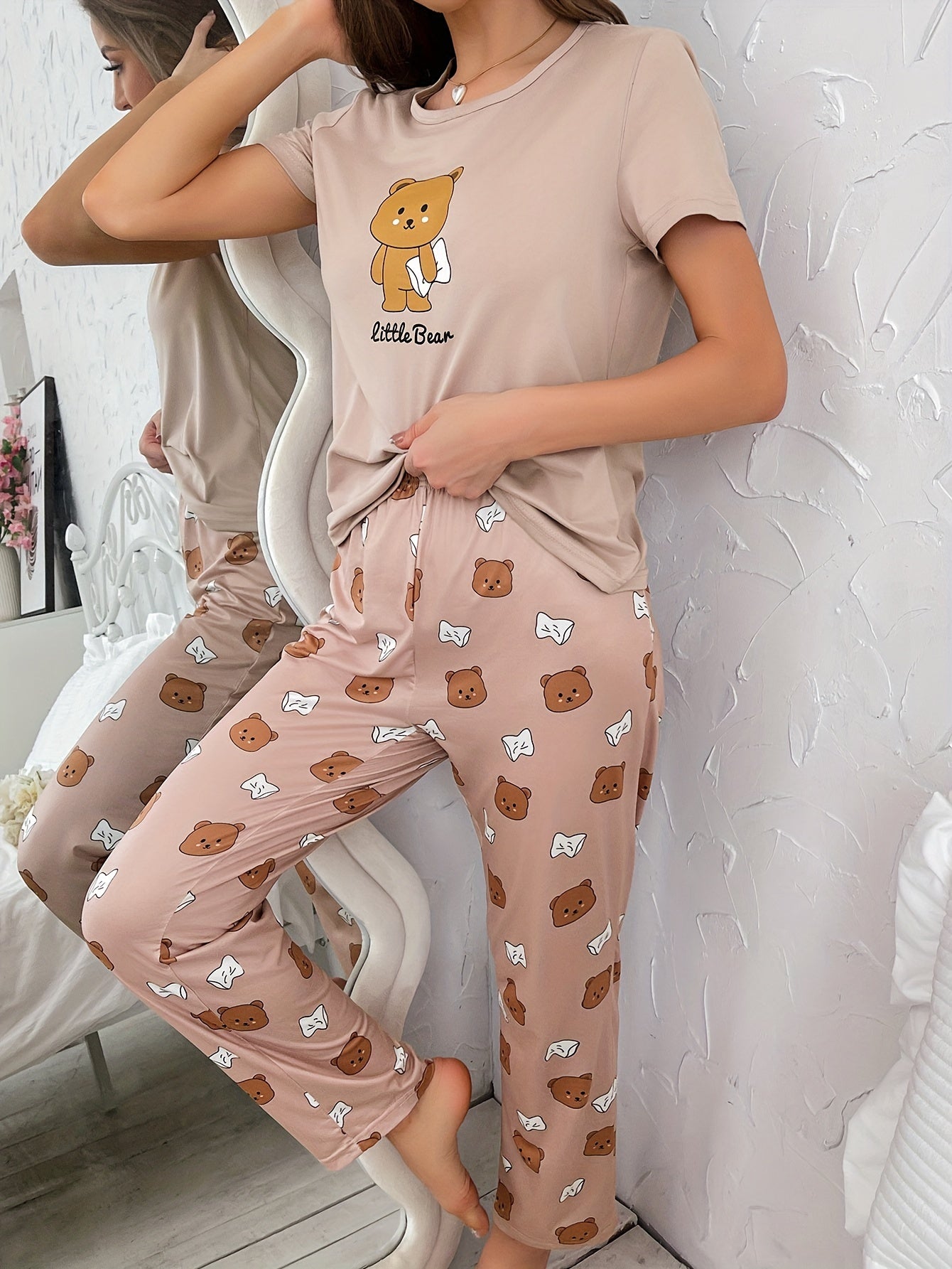 Cartoon Bear Lounge Set Short Sleeve Top & Pants Women's Pajama Set