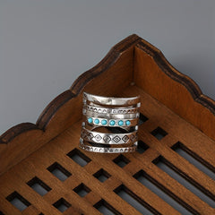 Vintage Wide Ring 925 Silver Plated Turquoise Inlaid Hollow Design