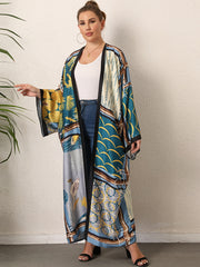  Boho Kimono Women's Plus Print Trim Long Sleeve Beach Cover Up