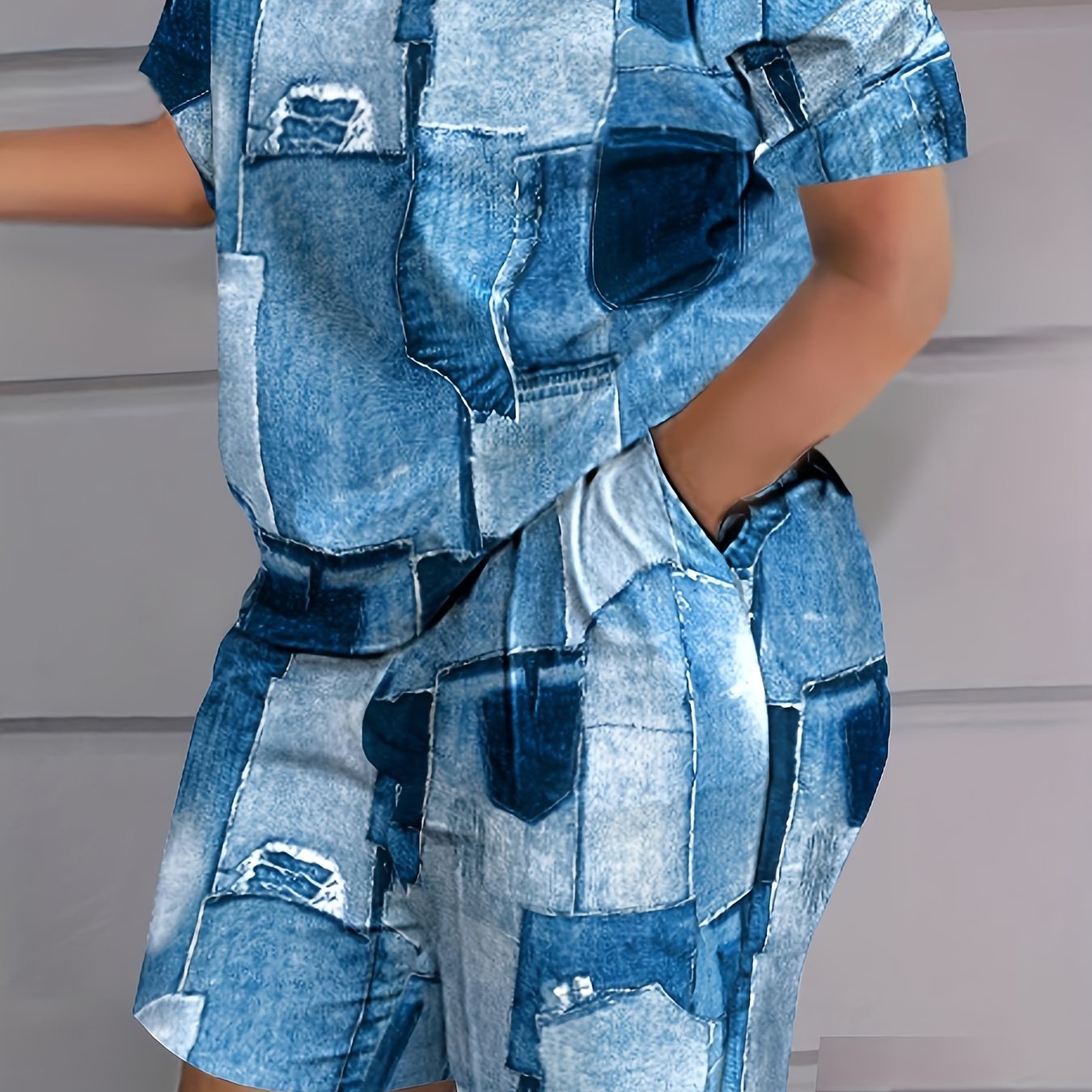  Denim Print Tee & Shorts 2pc Set