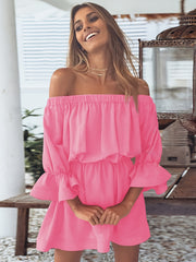 Off Shoulder Lantern Sleeve Dress Casual Summer Pleated Mini Dress