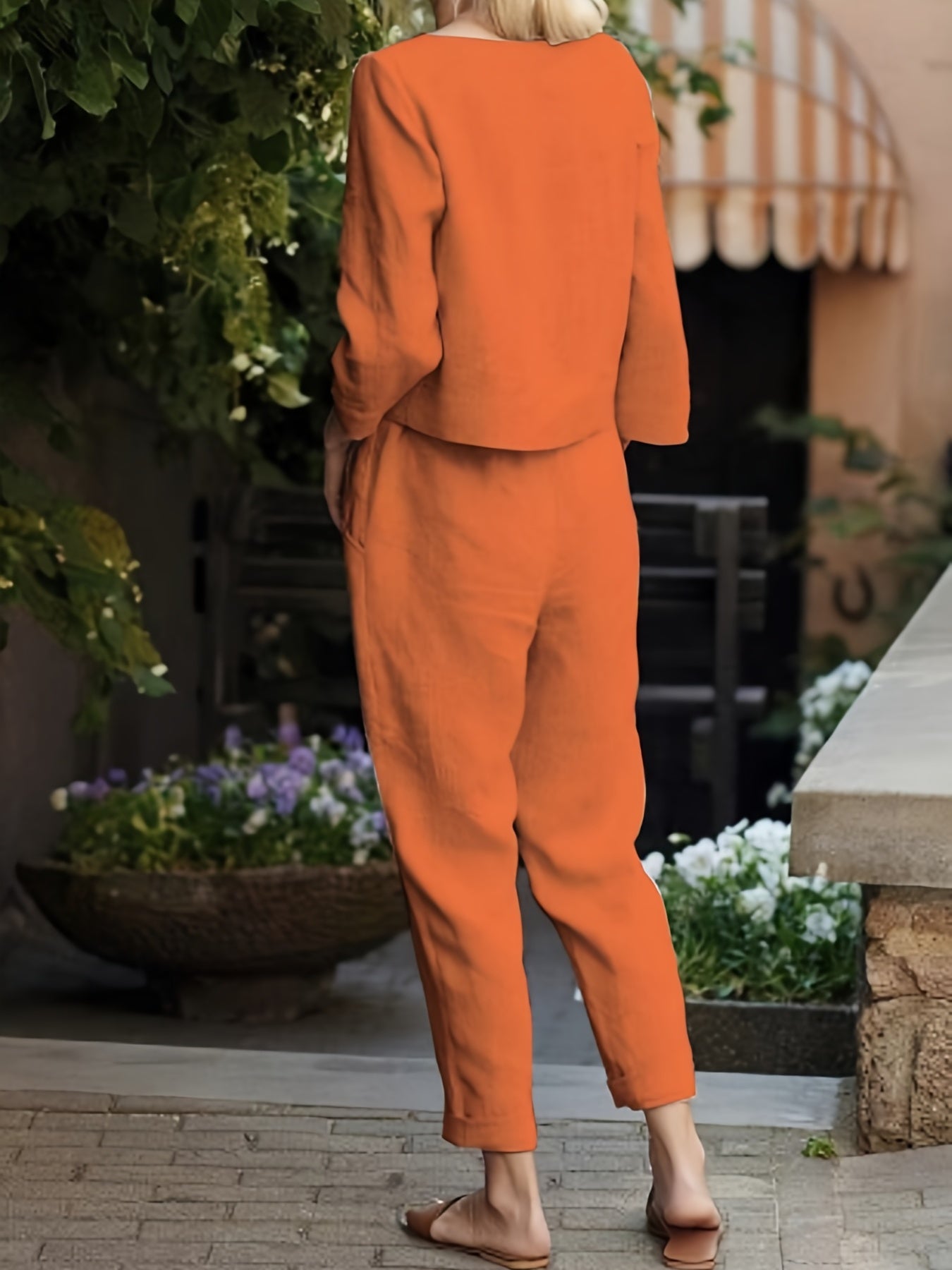 Casual Two Piece Set Solid Long Sleeve Tops & Loose High Waisted Pants