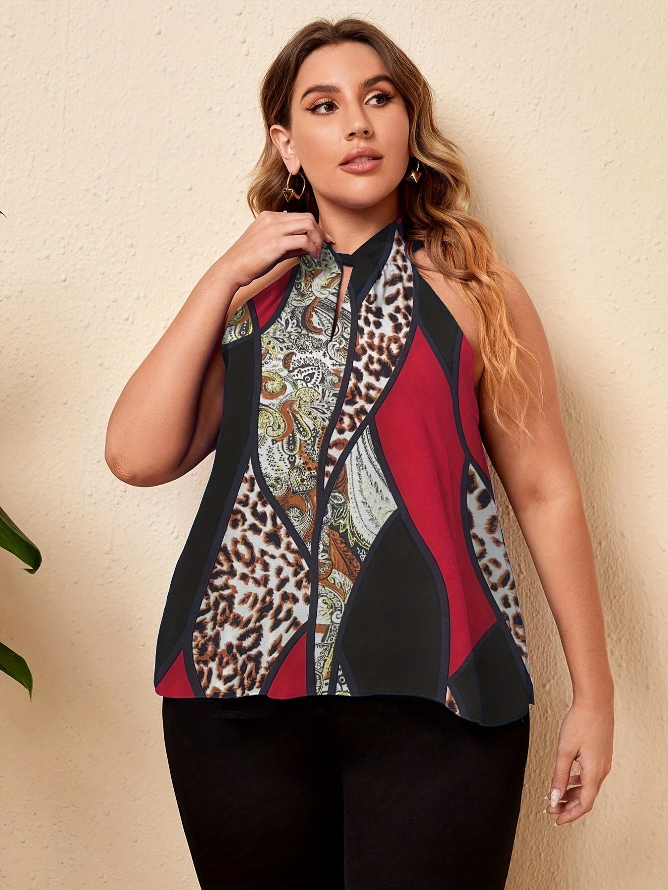  Colorblock Paisley Halter Neck Tank Top