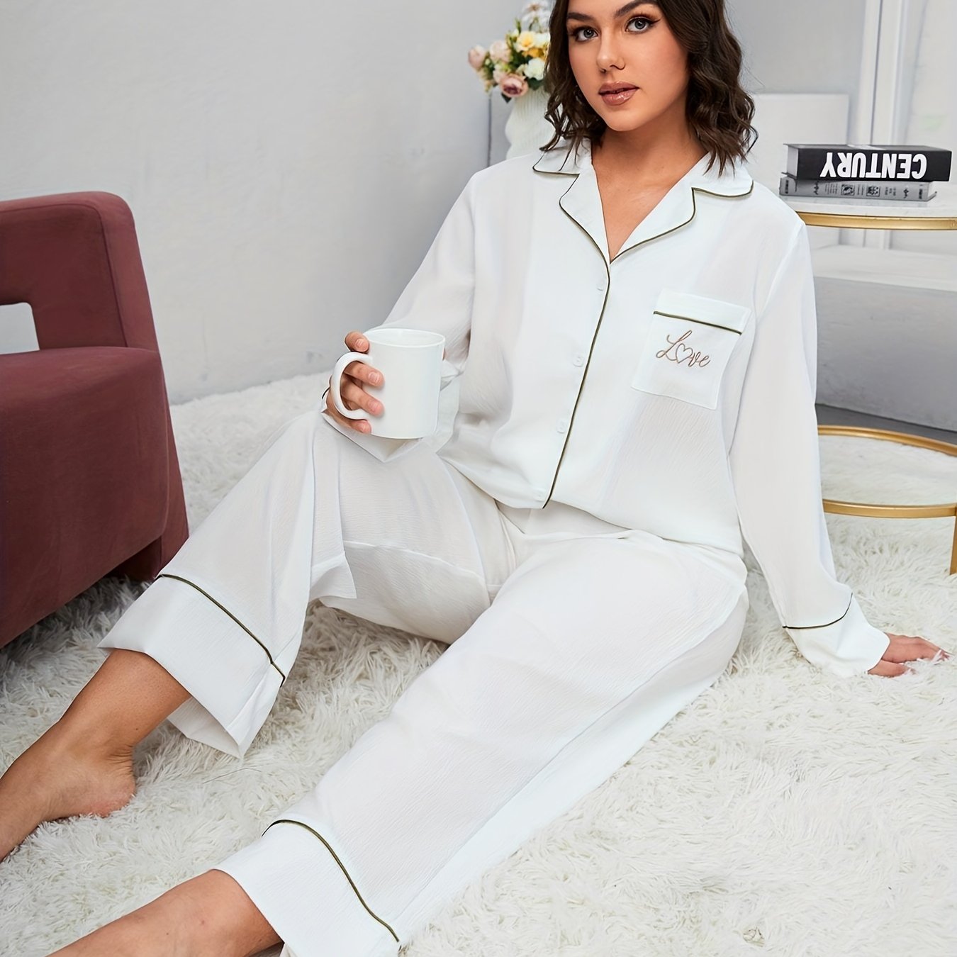  Women's 2pcs Pajama Set Letter Embroidery Shirt & Pants