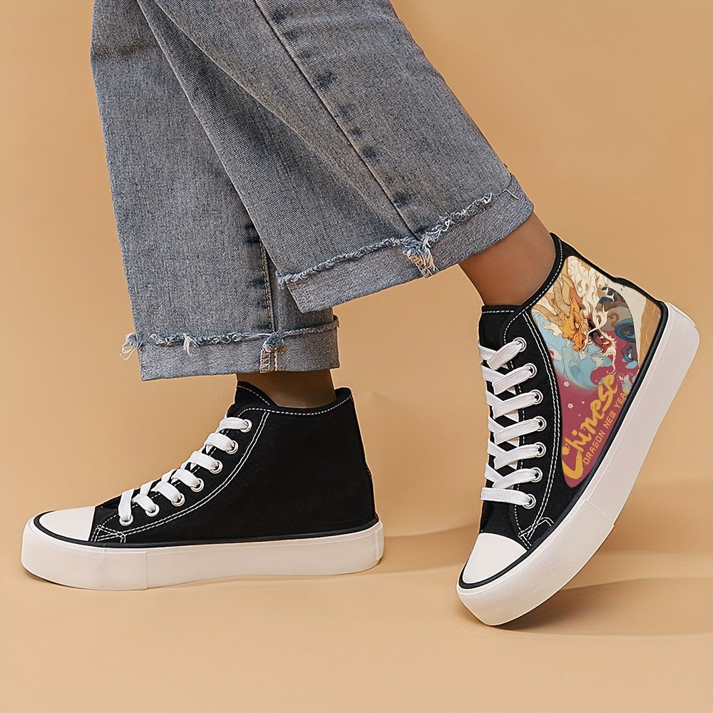 Chinese Dragon Print Heighten Canvas Sneakers