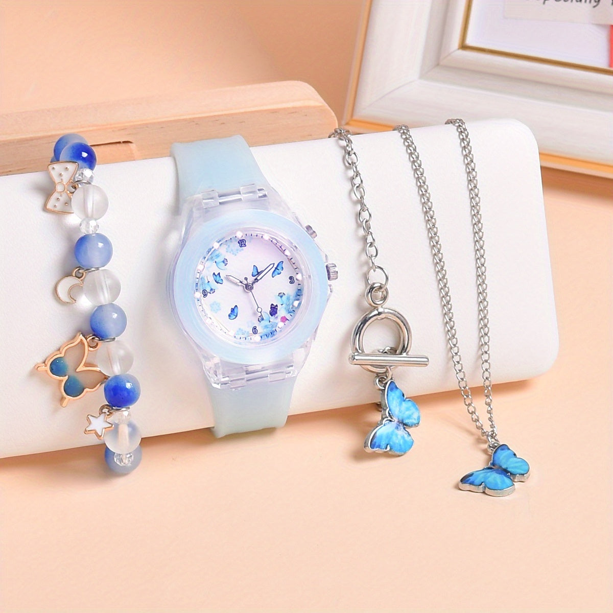 Butterfly Kids' Quartz Watch with Silicone Strap LED Light Bracelet Set