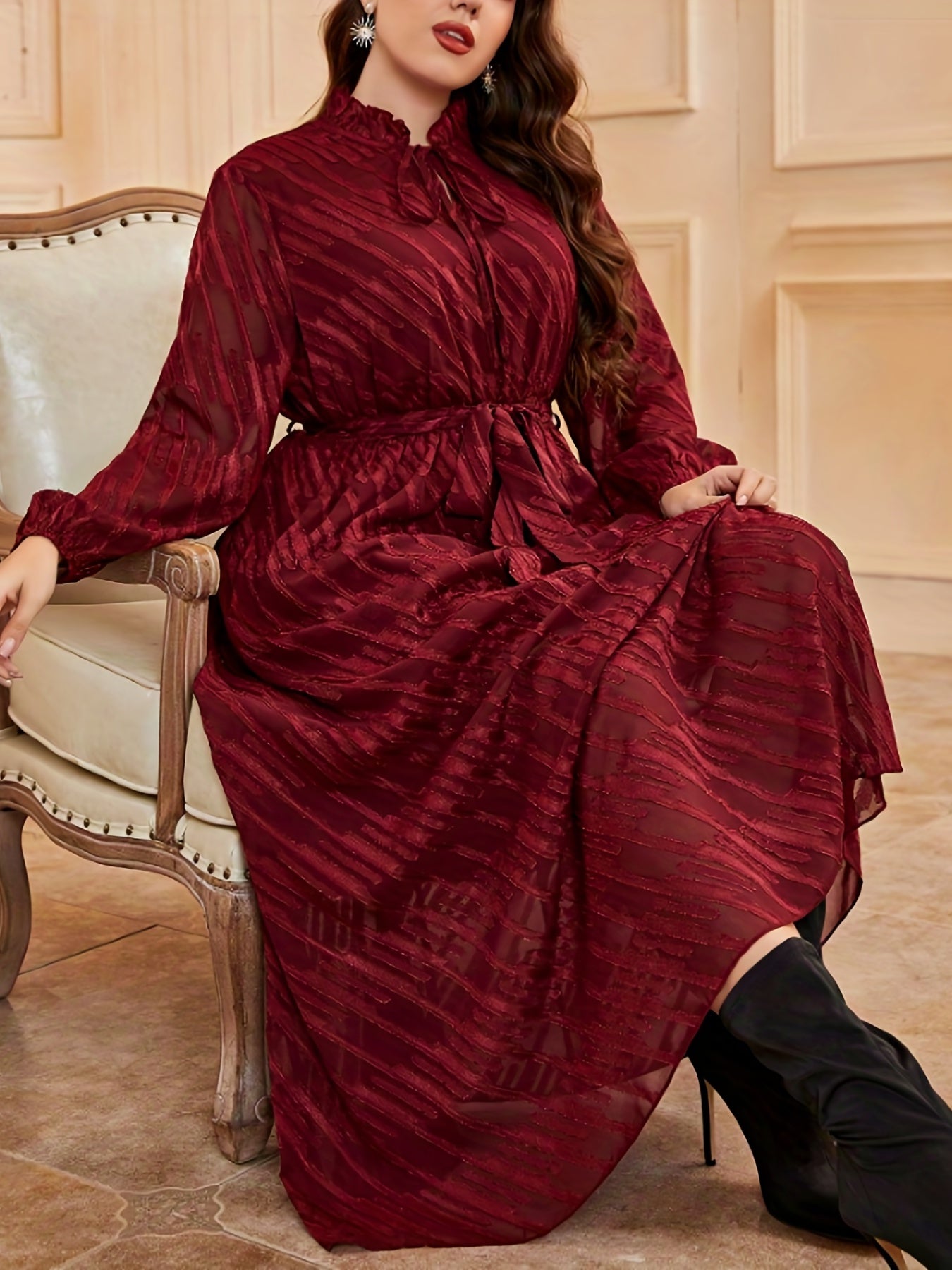  Women's Striped Lantern Sleeve Dress With Belt