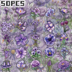 50pcs Purple Floral Stickers Transparent Shapes Self Adhesive Deca