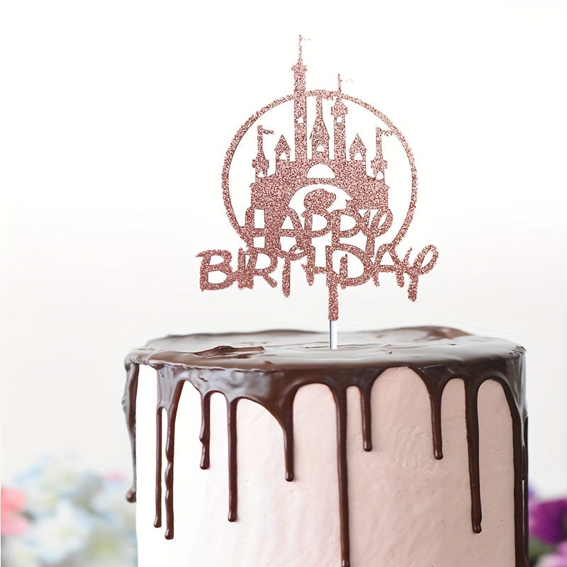 Golden Glitter Castle Birthday Cake Topper