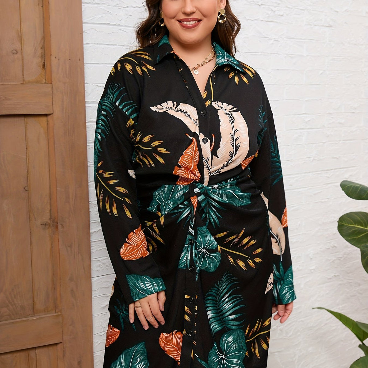  Tropical Print Button Up Long Sleeve Shirt Dress
