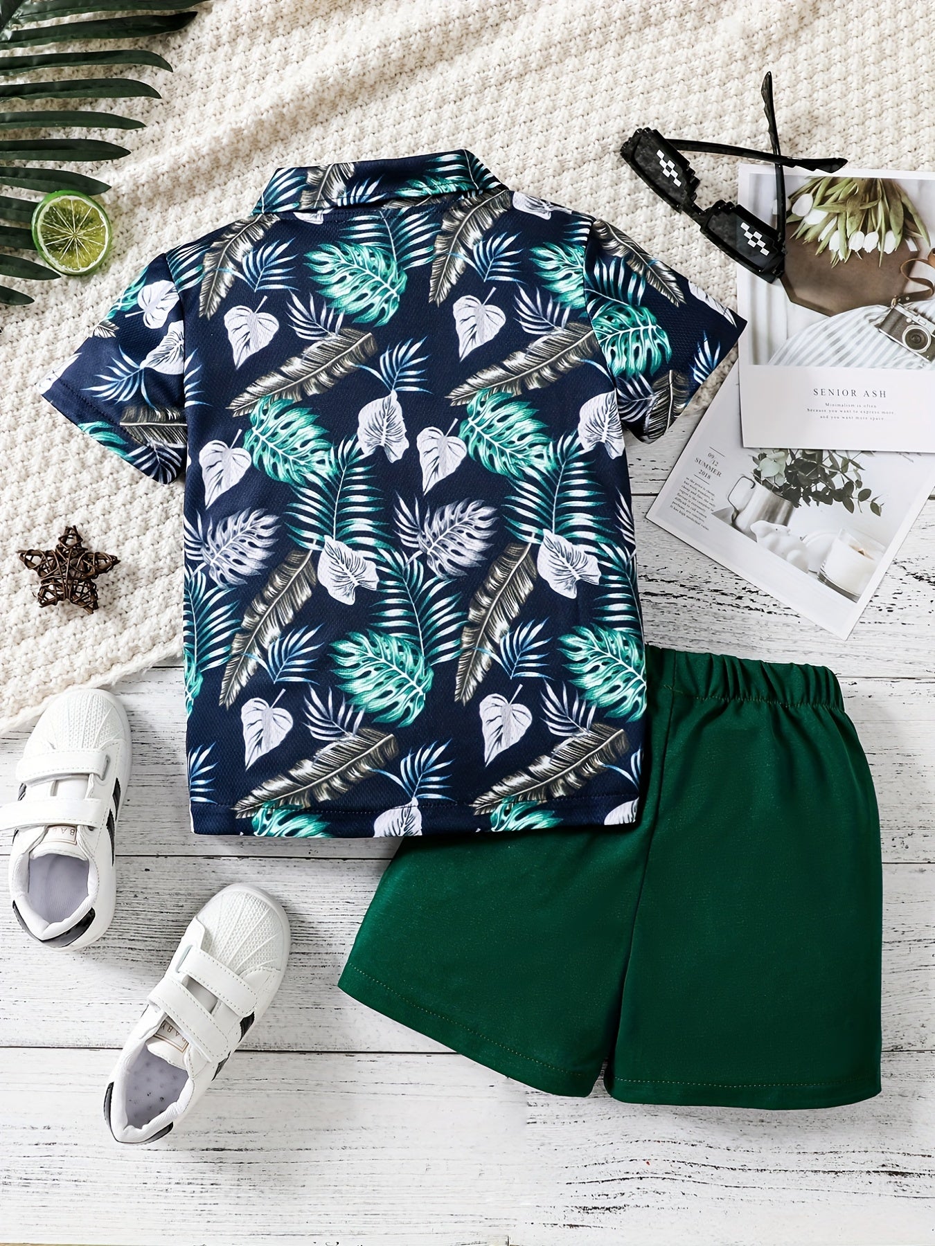 Boys Leaf Print Casual Outfit Shirt & Shorts Set