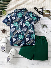 Boys Leaf Print Casual Outfit Shirt & Shorts Set