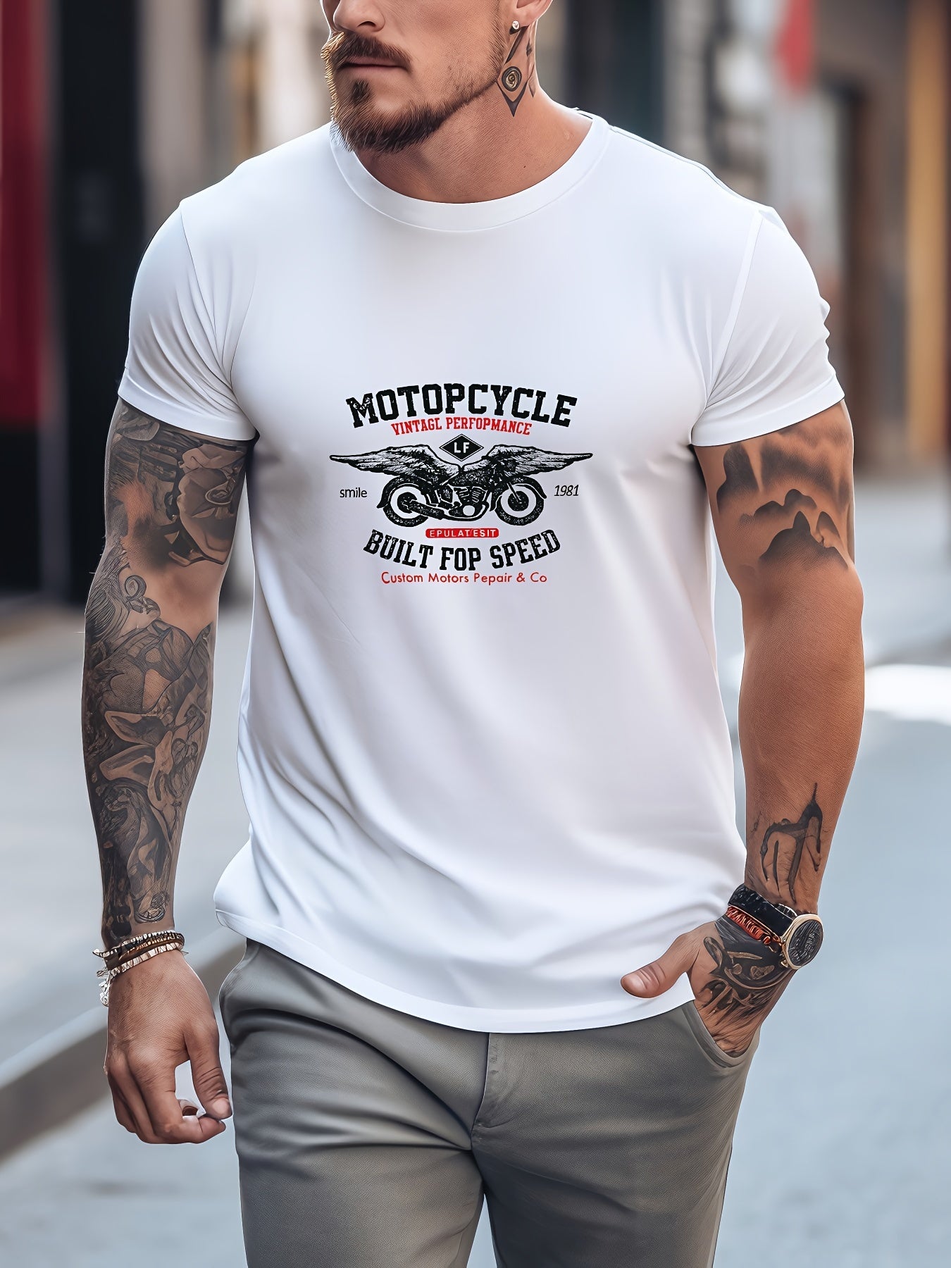 Retro Mountain Motorcycle Print Men's Graphic Crew Neck Tee