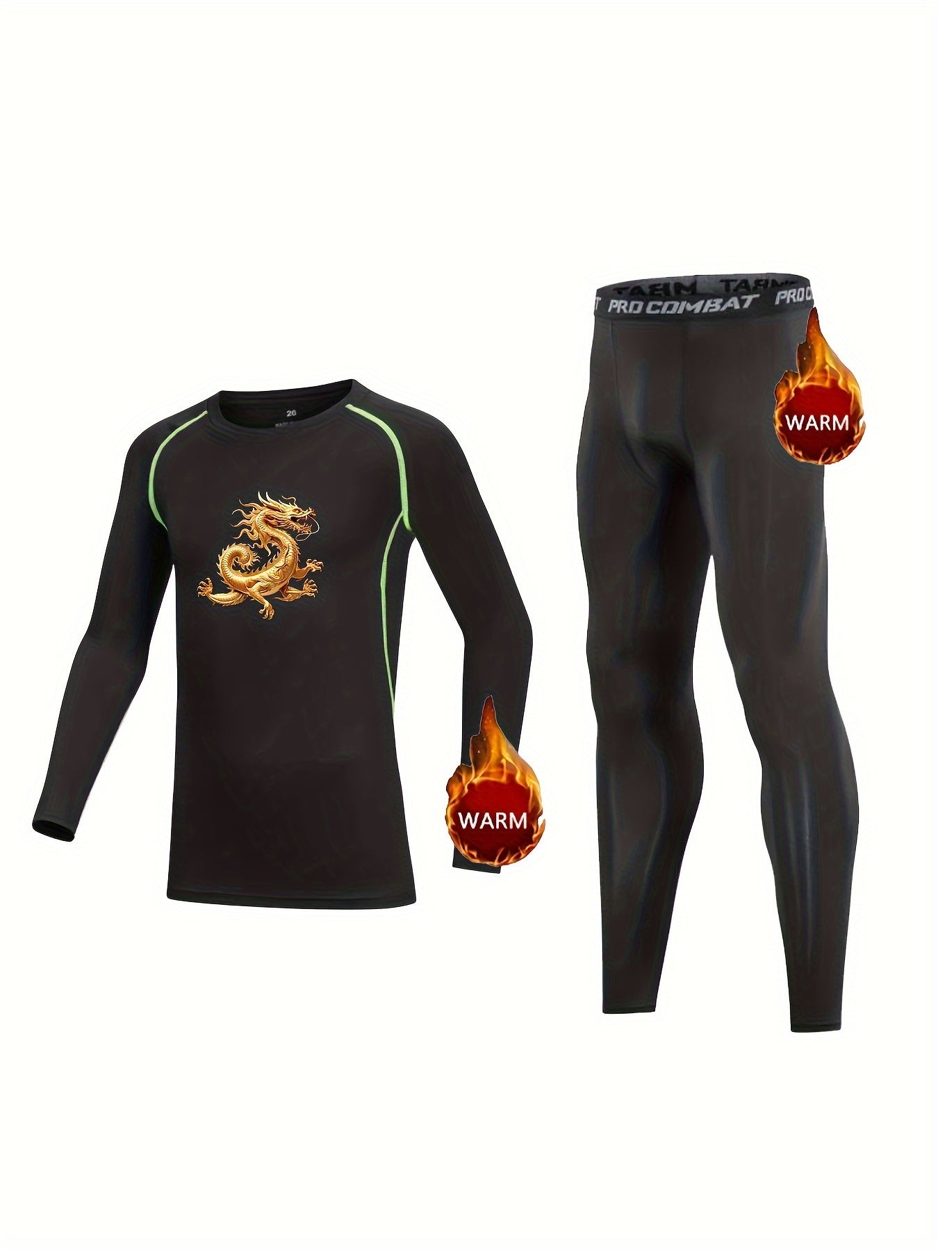 Kids Fleece Lined Compression Base Set Dragon Totem Print Tops & Leggings