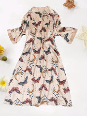  Satin Butterfly Print Long Sleeve Sleepwear Robe