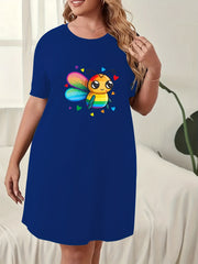  Bee & Heart Print Nightdress Round Neck Short Sleeve Sleep Dress