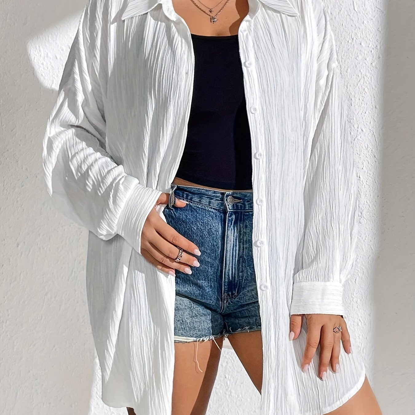  Solid Crinkle Button Up Long Sleeve Blouse