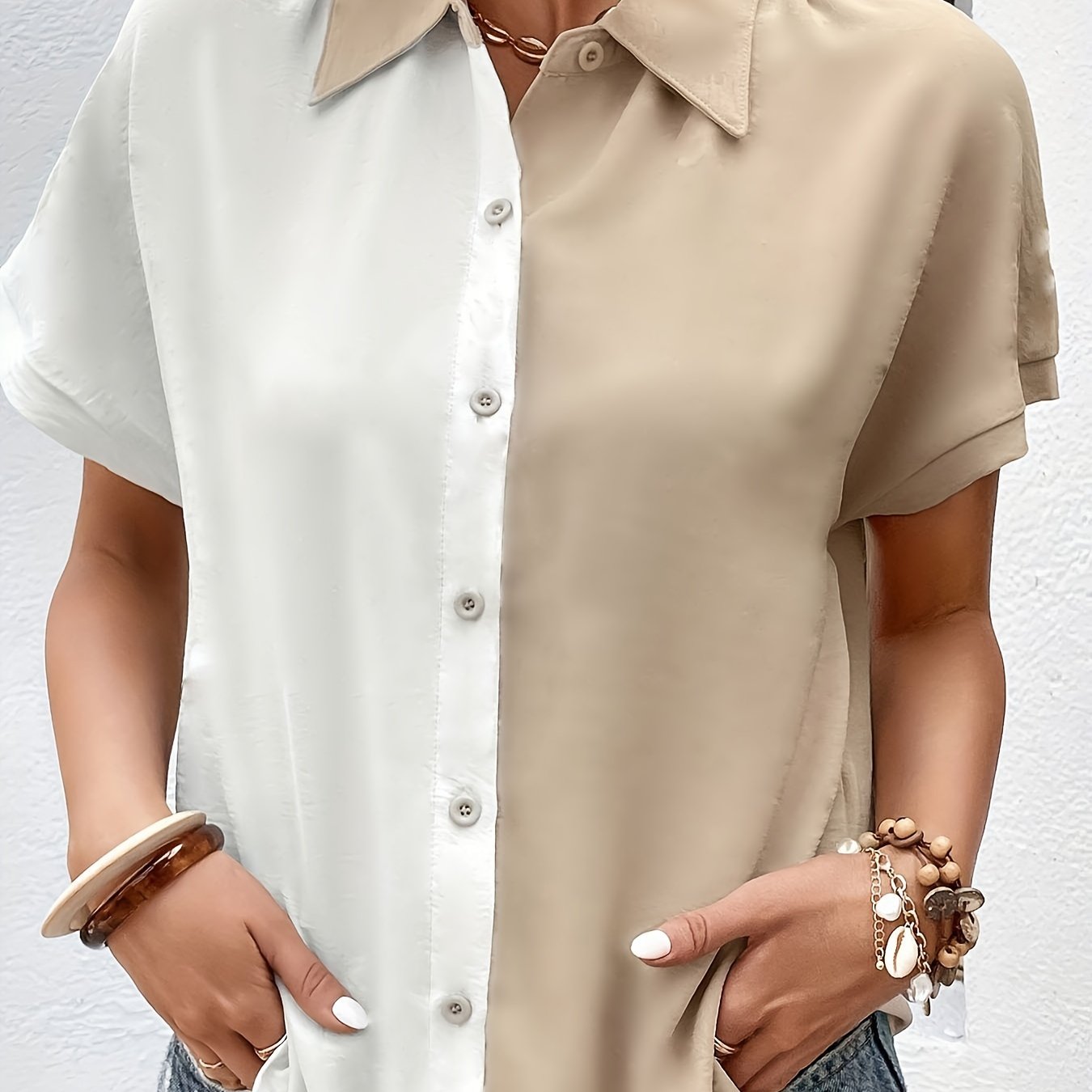  Colorblock Short Sleeve Button Up Blouse