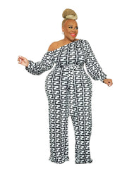  Geometric Print One Shoulder Jumpsuit With Belt