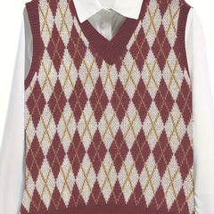 Preppy Knit Vest Women's Plus Argyle Print V Neck Knit Vest