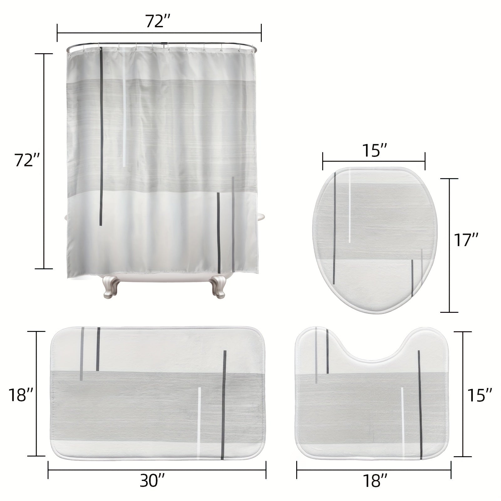 4 Piece Abstract Shower Curtain Set with Non Slip Mat, Lid Cover & 12 Hooks