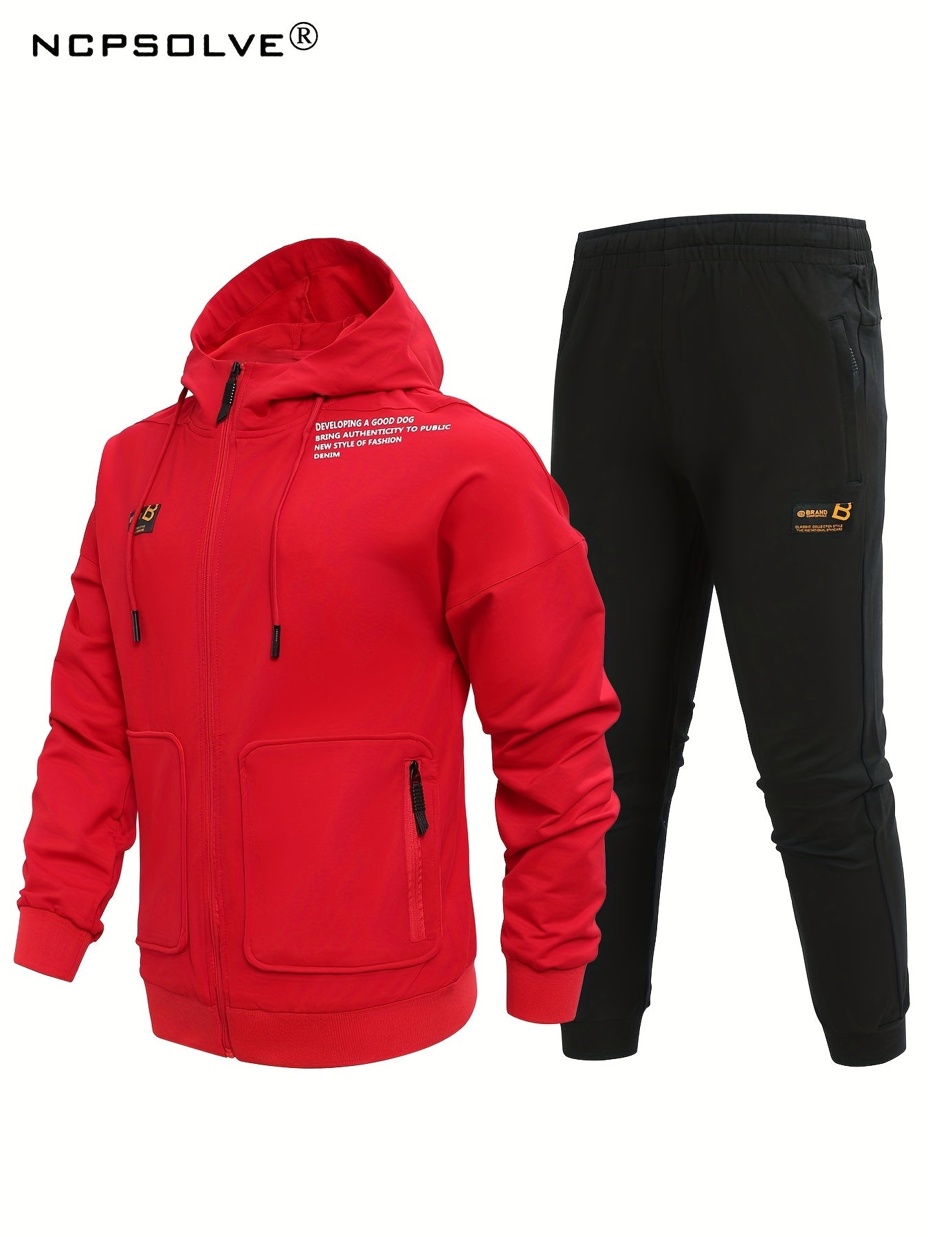 Men's Comfy Hooded Jacket & Stretch Pants Set for Outdoor Zipper Pocket