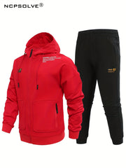 Men's Comfy Hooded Jacket & Stretch Pants Set for Outdoor Zipper Pocket