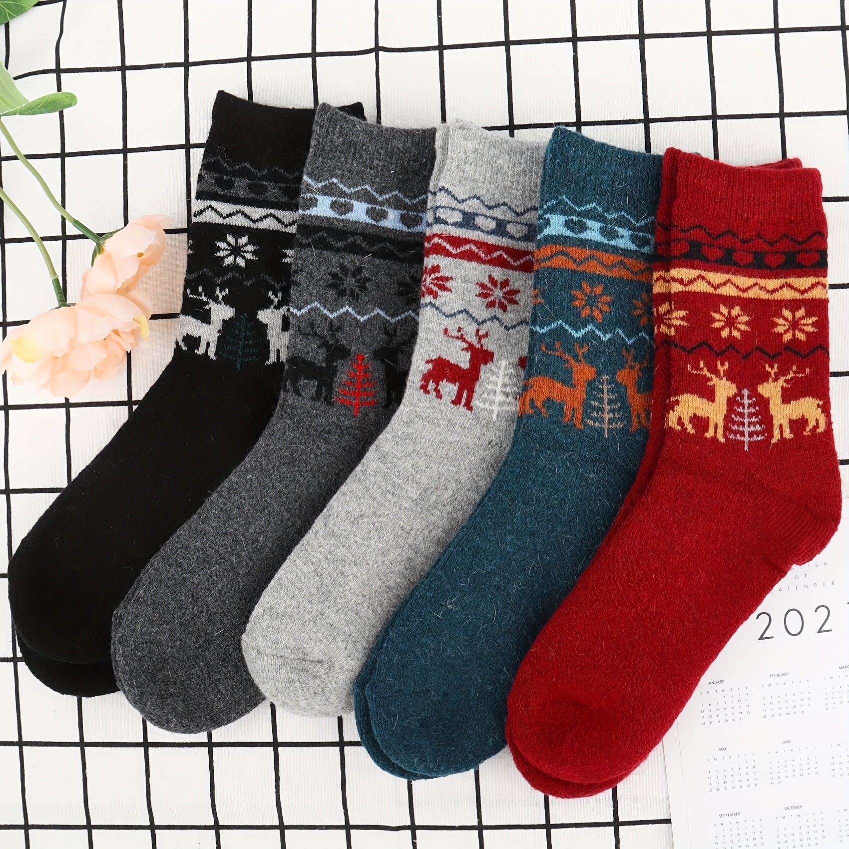 5 Pairs Thick Knit Crew Socks Warm Mid Tube Women's Stockings