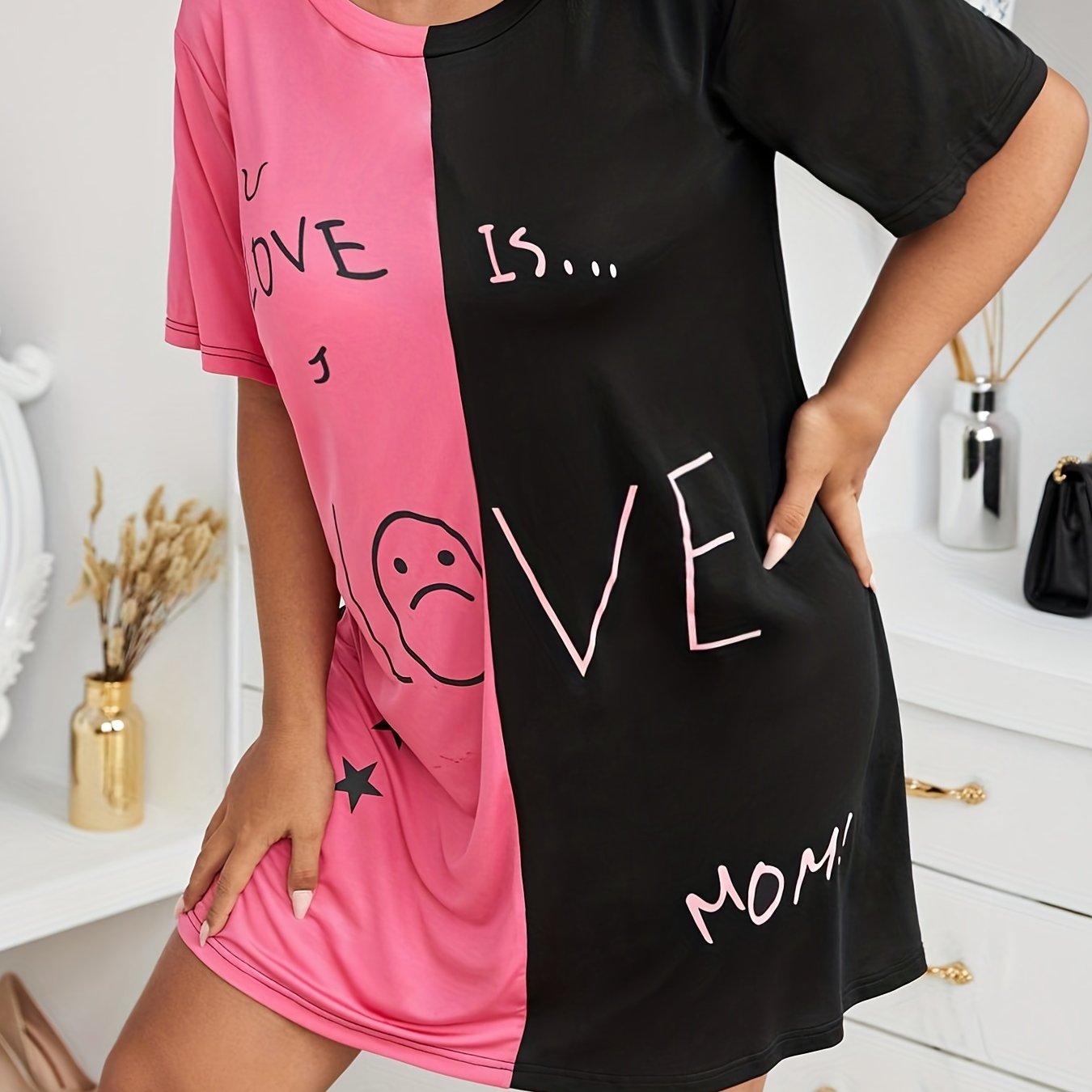  Colorblock Sleep Dress Short Sleeve High Stretch Nightdress