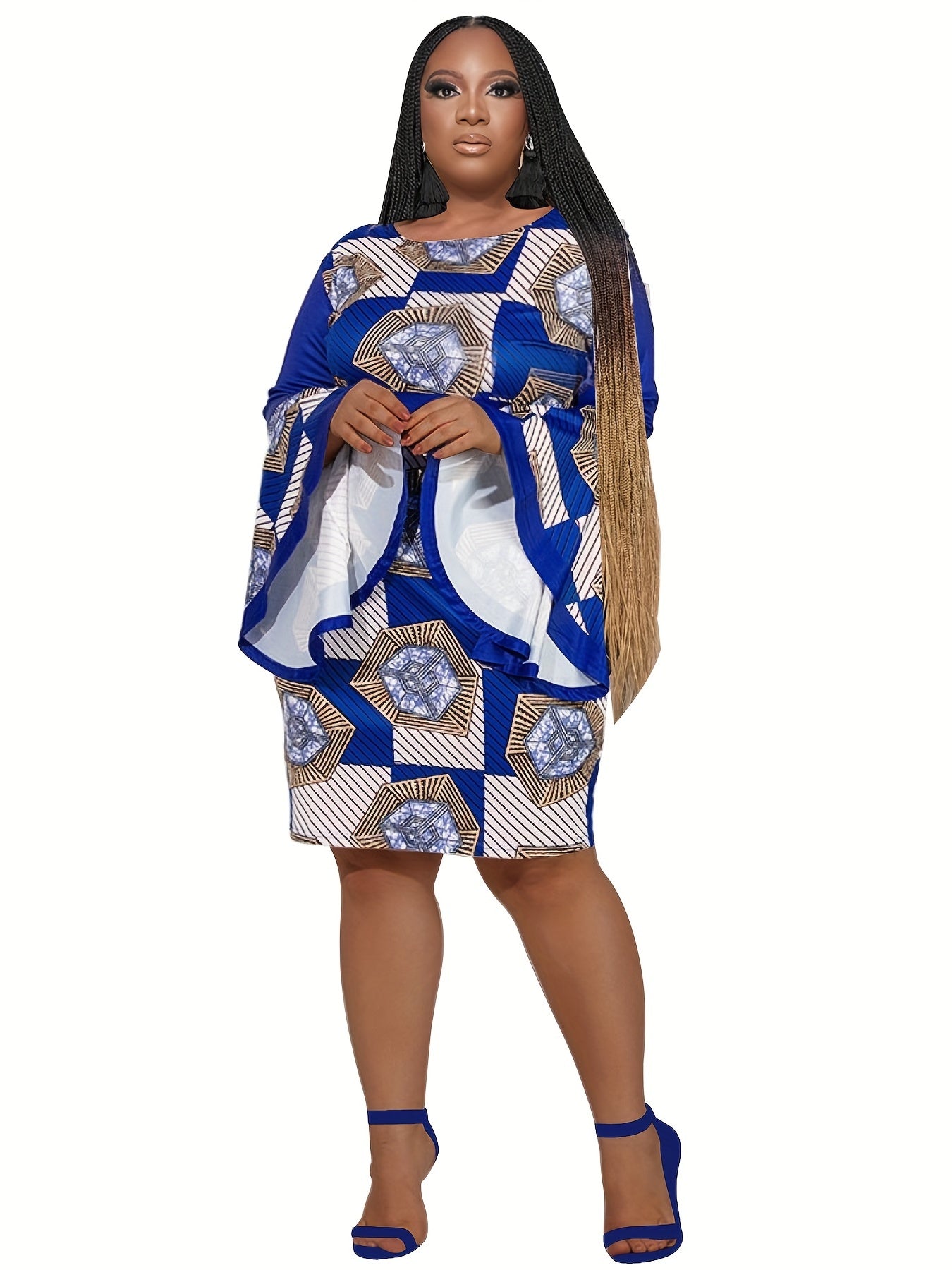  Geometric Print Bell Sleeve Round Neck Dress