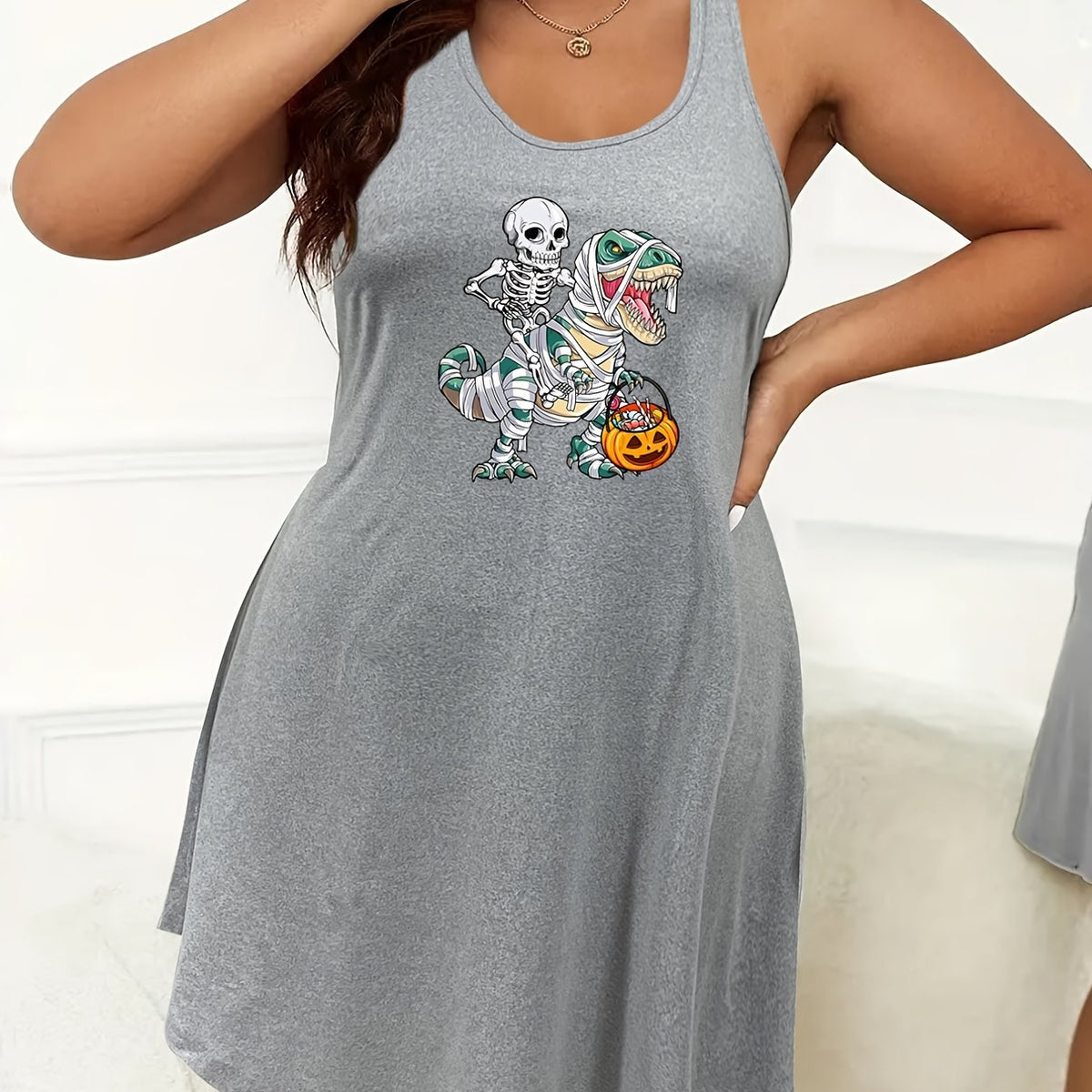  Halloween Nightdress Women's Skull & Pumpkin Print Tank Sleep Dress