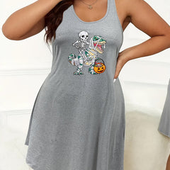  Halloween Nightdress Women's Skull & Pumpkin Print Tank Sleep Dress