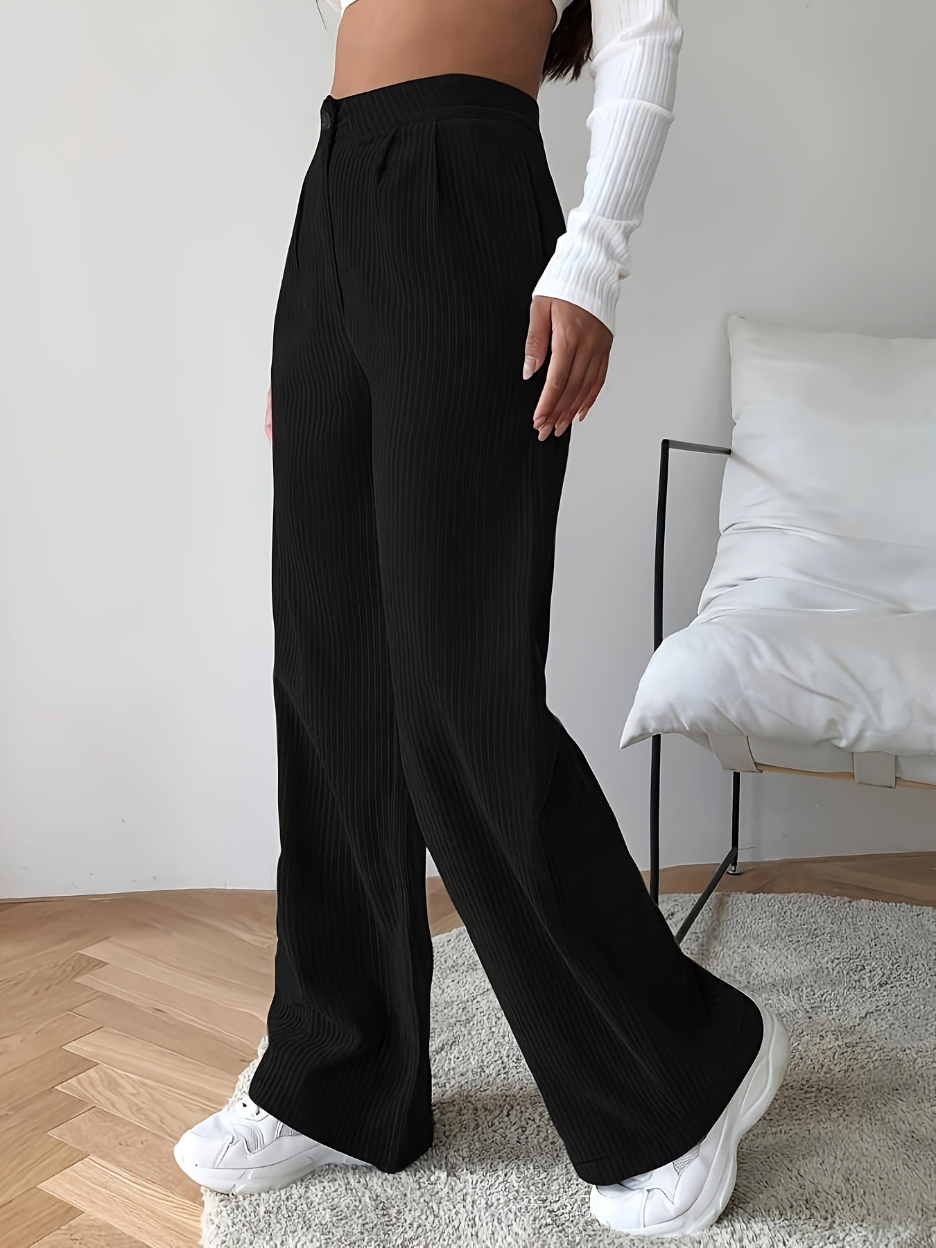  Solid Ribbed Button Fly High Rise Wide Leg Trousers