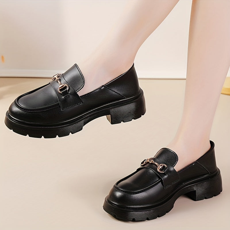 Women's Block Heel Loafers Buckle Round Toe Non Slip Shoes