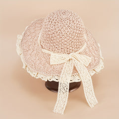 Foldable Straw Sun Hat Lace Edge Handwoven Hollow Butterfly Knot Beach Hat