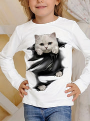 3D Kitty Graphic Long Sleeve T shirt Girls Comfy Tees