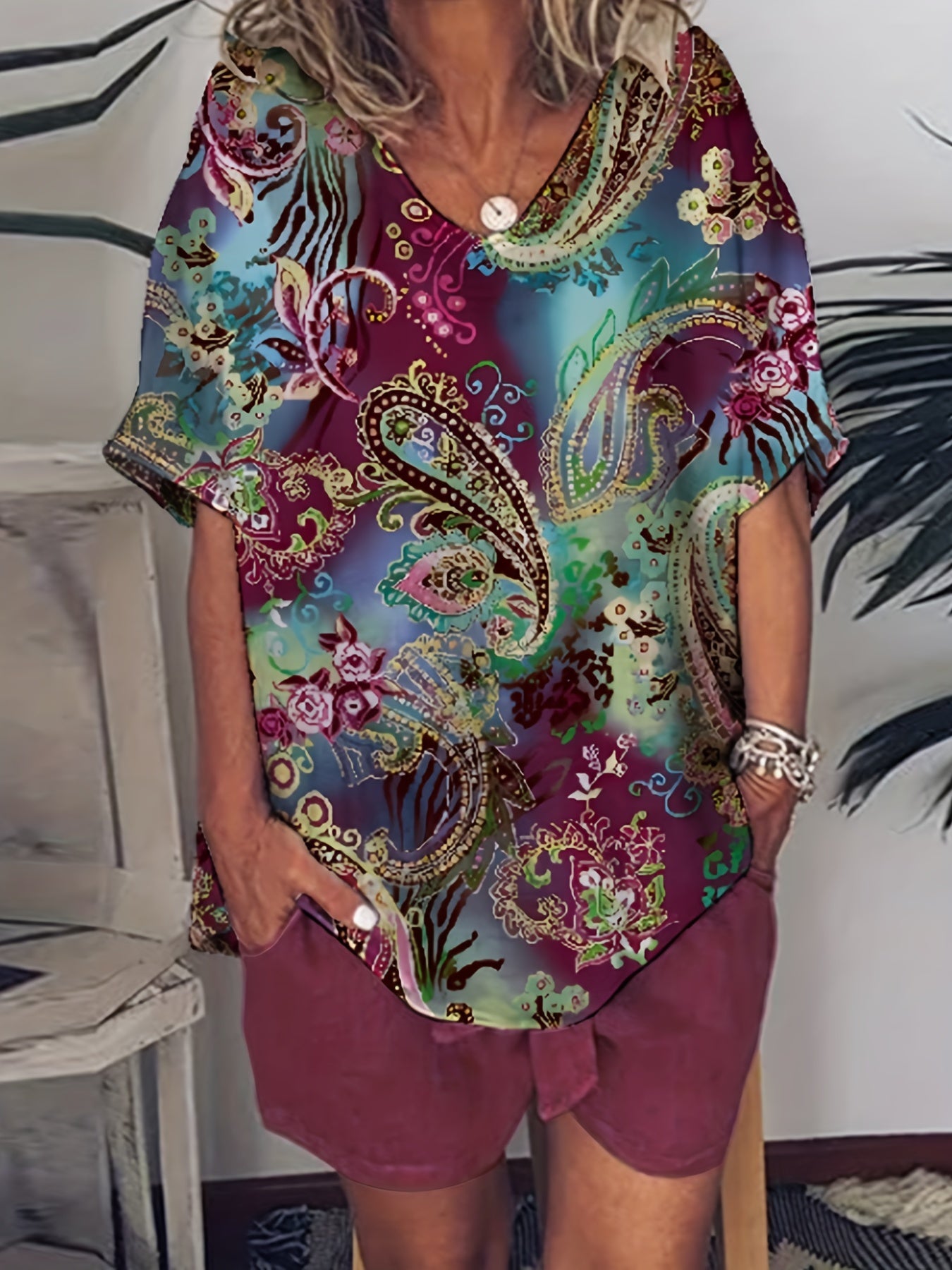 Women's Plus Paisley Print Tee & Shorts 2 Piece Set