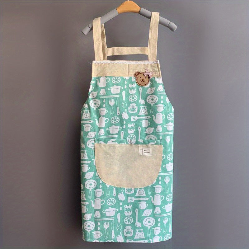 1pc Linen Kitchen Apron Waterproof And Fashionable Cooking Workwear
