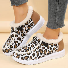 Leopard Print Plush Lined Snow Boots Slip On Canvas Winter Ankle Boots