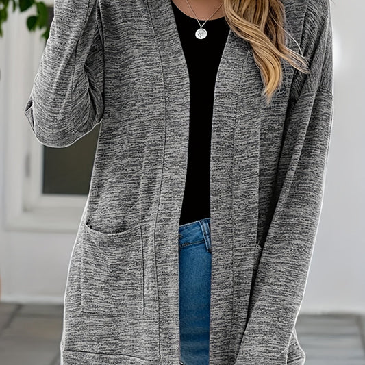  Heathered Long Sleeve Open Front Cardigan With Pockets